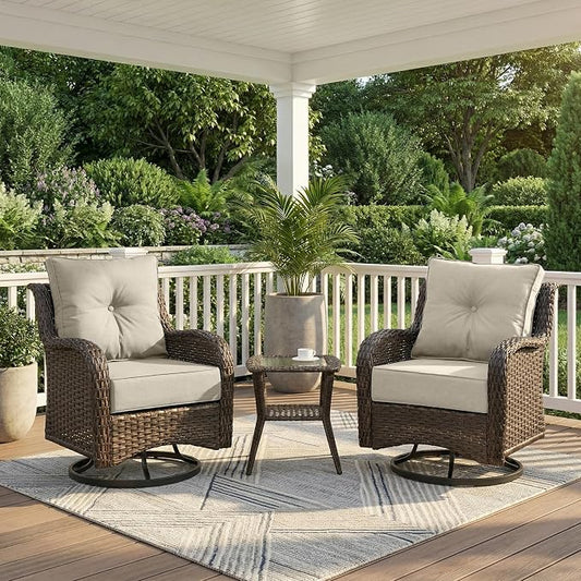Patio Furniture Set, 3PCS Outdoor Wicker Conversation Set Porch Furniture with 6" Thick Cushions, High Back Swivel Chairs, Weather Resistant Olefin Fabric for Garden, Poolside, Beige
