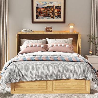 Full Murphy Bed Cabinet: Oak Cabinet Bed with Charging Station, Cube Murphy Beds with Drawers, Modern Hidden Beds for Small Spaces, Guest Room and Office