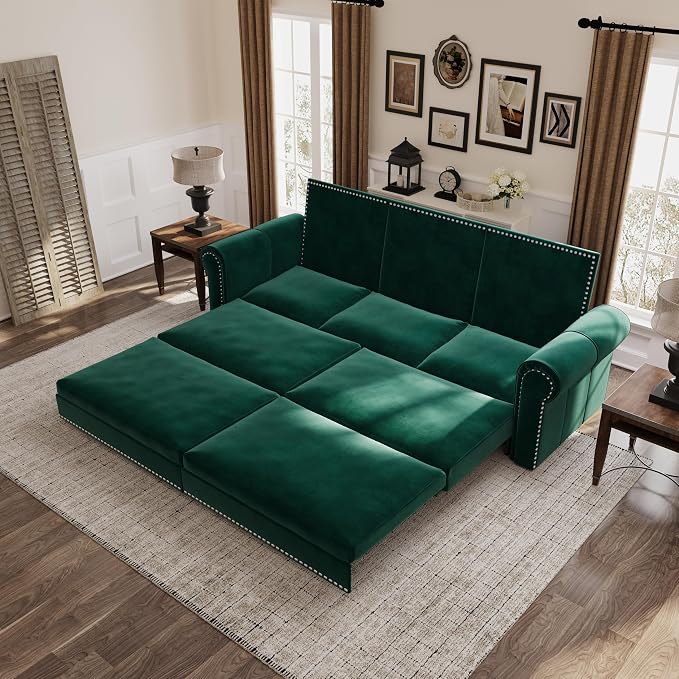 93.7" King Size Sleeper Sofa Bed, Pull Out Sofa Bed, Velvet Upholstery, 3 in 1 Convertible Sleeper Couch, Chaise Lounge, Retro Recliner for Living Room, Office, Apartment, Green