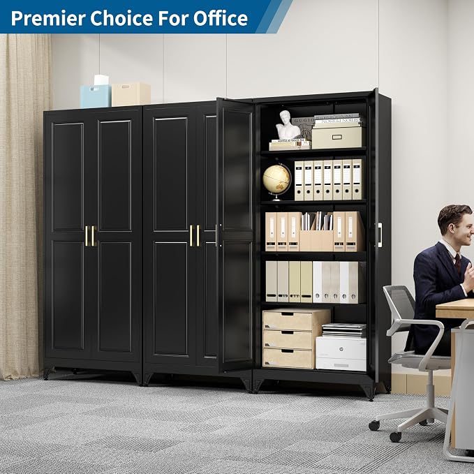 75" Metal Storage Cabinet with 4 Adjustable Shelves, Large Black Steel Pantry Cabinet with Doors, 180 lbs Max Load Per Shelf, Heavy Duty Utility Organizer for Garage & Workshop