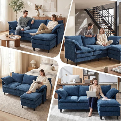 3 Seater L-Shape Couch Sofa with Ottoman, 69" Small Couch Modern Comfy Cloud Chenille Sofa 23" Deep with Washable Pillow Cover Couches for Living Room Bedroom Apartment Office 69-Blue-L