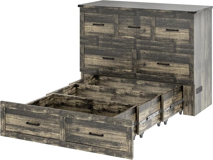 Merax Full Size Murphy Bed with Charging Station, Multi-Functional Foldable Platform Bed with 1 Large Storage Drawer for Guest Room, Small Bedroom, Gray