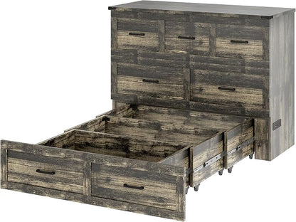 Merax Full Size Murphy Bed with Charging Station, Multi-Functional Foldable Platform Bed with 1 Large Storage Drawer for Guest Room, Small Bedroom, Gray