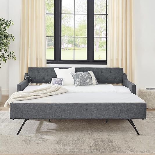 KEIKI Twin Size Upholstery Daybed with Trundle and USB Charging Design, Twin to King Design Mid-Century Extendable Sofa Bed, Easy Assembly, No Box Spring Required, for Living Room, Bedroom, Dark Grey