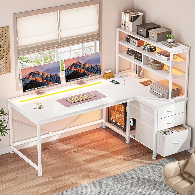 DurayLoly 55''White Desk with 3 Fabric Drawers & Shelf, Remote LED Power Outlet for Bedroom