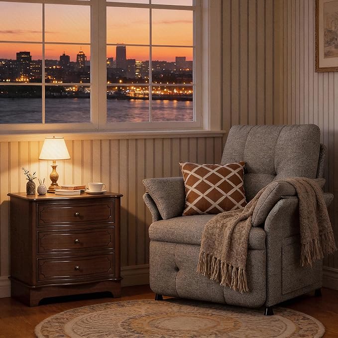 Power Recliner Chair for Adults with Heat & Massage - Linen Electric Reclining Sofa with Remote Control, 3 Side Pockets, 180° Lay Sleeper for Living Room Home Theater, Light Grey