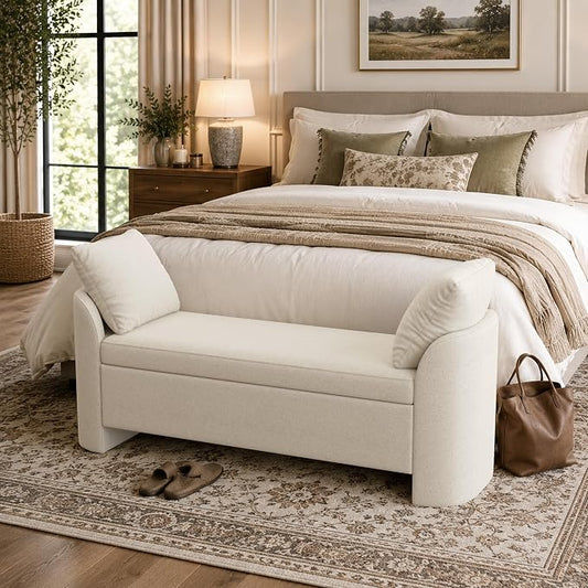 Usaint 58.3" Storage Ottoman Bench with Pillows, Upholstered End of Bed Bench with Arms, Footrest Stool Bench for Bedroom, Living, Window, Entryway and Hallway, Beige
