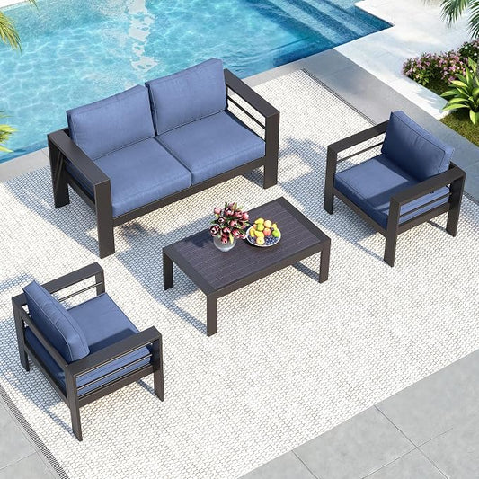 Solaste Aluminum Patio Furniture Set for All Weather, Oversized Metal Outdoor Furniture Set with 27.5" Deep Seating and 3.2" WIde Armrest, Outdoor Patio Conversation Sets with 10’’ Back Suport Cushion