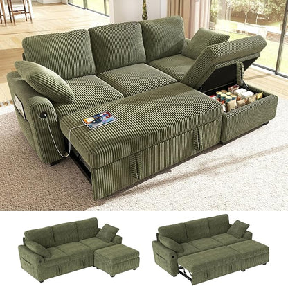 Ihanherry 81-inch Corduroy Modular Sectional Sofa Bed with Storage Ottoman & USB Port, Reversible 3-Seater L-Shaped Sleeper Sofa, Left or Right Fasing Chaise for Living Room（Green）
