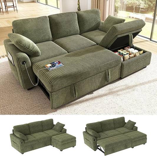 Ihanherry 81-inch Corduroy Modular Sectional Sofa Bed with Storage Ottoman & USB Port, Reversible 3-Seater L-Shaped Sleeper Sofa, Left or Right Fasing Chaise for Living Room（Green）