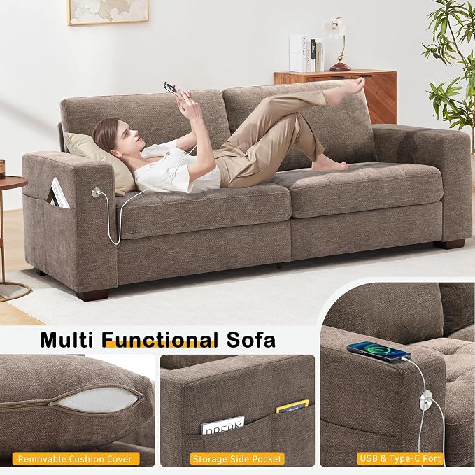 Hanherry Sofa for Living Room, Modern Comfy Sofa with Medium Firm Seat Cushion, Removable Cover,Wide Armrest,USB/Type-C Port,Chenille Fabric Couches for Small Space,Apartment (Brown, 89 inch)
