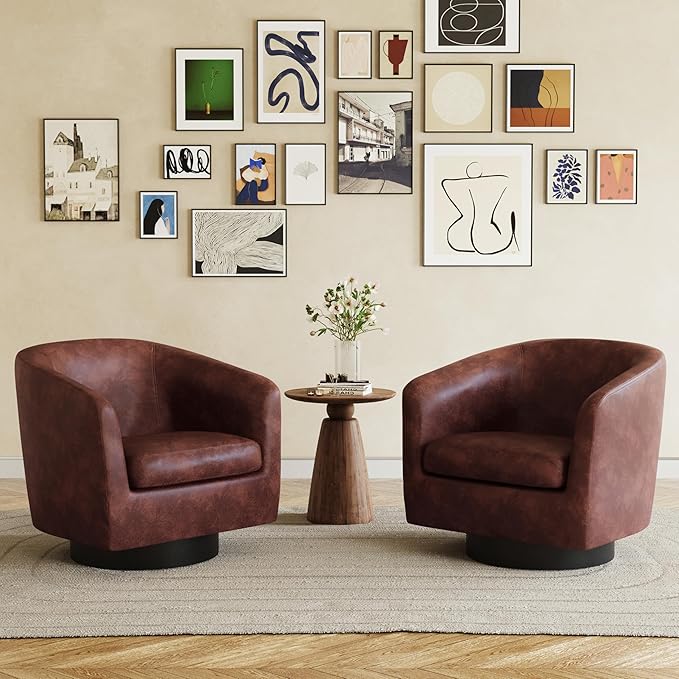 360° Swivel Barrel Accent Chair Armchair, PU Leather Round Club Arm Chair for Lving Room, Modern Upholstered Small Bedroom Single Sofa Seat - Red Brown, Set of 2