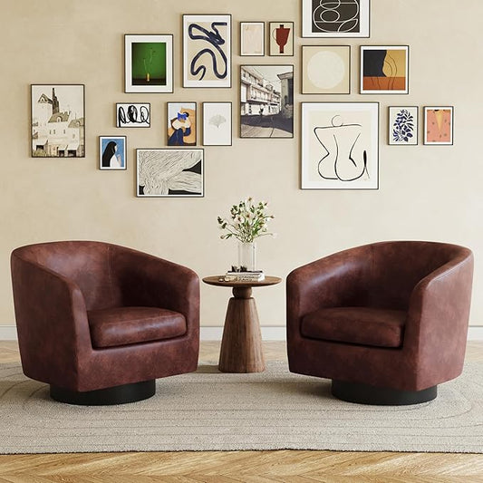 360° Swivel Barrel Accent Chair Armchair, PU Leather Round Club Arm Chair for Lving Room, Modern Upholstered Small Bedroom Single Sofa Seat - Red Brown, Set of 2