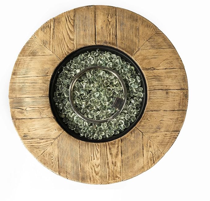 GDFStudio 30" Round Propane Fire Pit Table, 50000 BTU Outdoor Gas Heater with Faux Wood Grain Top & Glass Beads, for Patio Deck Garden Backyard, Black