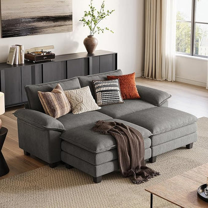 LINSY HOME 90'' Modular Sectional Sofa 2 Seat Couch Corduroy Cloud Couch with Deep Seat, Modern Cloud Couch with 2 Movable Ottoman for Living Room, Office, Bedroom, Grey