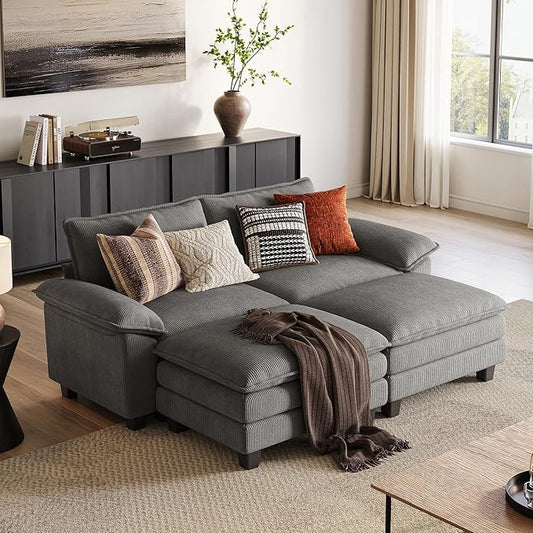LINSY HOME 90'' Modular Sectional Sofa 2 Seat Couch Corduroy Cloud Couch with Deep Seat, Modern Cloud Couch with 2 Movable Ottoman for Living Room, Office, Bedroom, Grey