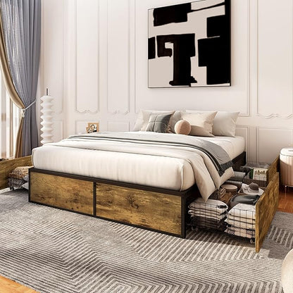Allewie Industrial Storage Bed with Drawers, Wooden Metal Platform, Sturdy & Noise-Free, Modern Queen Size for Bedroom & Apartment