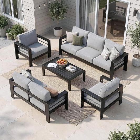 Solaste Aluminum Patio Furniture Set for All Weather, Oversized Metal Outdoor Furniture with 27.5" Deep Seating and 3.2" Wide Armrest, Patio Conversation Set with 10’’ Back Cushion, Black and Grey