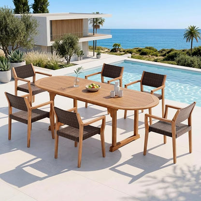 PHI VILLA Outdoor Dining Set for 6, Expandable Acacia Wood Table & Chairs | 7pc teak patio furniture set. Large farmhouse set for deck, porch, backyard.