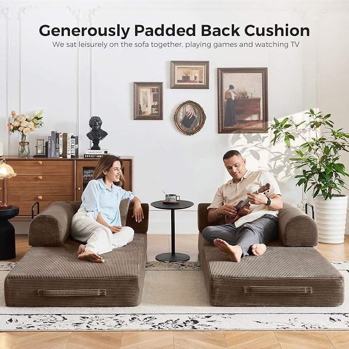 79" 5-in-1 Convertible Sofa Bed No Assembly, Boneless Couch Bed with High Density Foam, Foldable Sleeper Sofa, Corduroy Modular Couch for Apartment, Studio, Dorm Room, Small Space, Brown