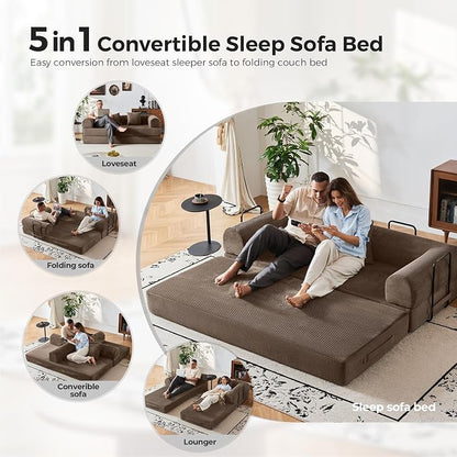 79" 5-in-1 Convertible Sofa Bed No Assembly, Boneless Couch Bed with High Density Foam, Foldable Sleeper Sofa, Corduroy Modular Couch for Apartment, Studio, Dorm Room, Small Space, Brown