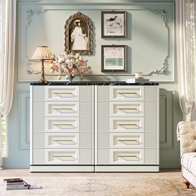 RECHHX Farmhouse 5 Drawers Dresser for Bedroom, 44" Tall Modern Marble-Effect Chest of Drawers, Wooden Thermoformed Curved Dresser Organizer for Bedroom, Living Room, White