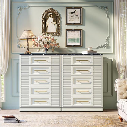RECHHX Farmhouse 5 Drawers Dresser for Bedroom, 44" Tall Modern Marble-Effect Chest of Drawers, Wooden Thermoformed Curved Dresser Organizer for Bedroom, Living Room, White