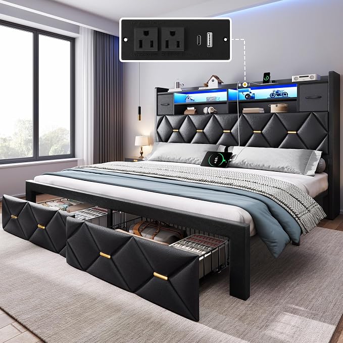 DWVO King Size Bed Frame with 2 Storage Drawers and Storage Headboard, Upholstered Platform with Charging Station and LED Light, No Box Spring Needed, Noise Free, Easy Assembly, PU Leather Black