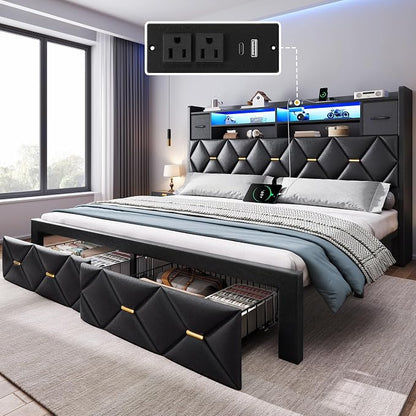 DWVO King Size Bed Frame with 2 Storage Drawers and Storage Headboard, Upholstered Platform with Charging Station and LED Light, No Box Spring Needed, Noise Free, Easy Assembly, PU Leather Black