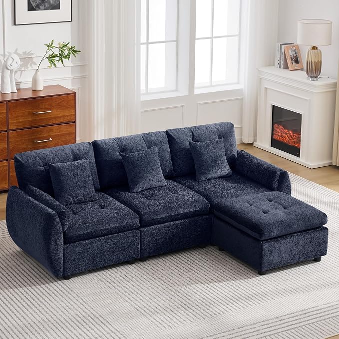 84" L Shaped Modular Sectional Cloud Sofa with Ottoman, Deep Seat Tufted Chenille 4-Seater Couch with Curved Arms, Blue