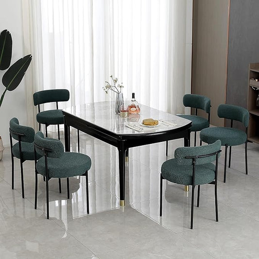 DYHOME Green Dining Chairs Set of 6, Mid-Century Modern Dining Chairs, Kitchen Dining Room Chairs, Curved Backrest Round Upholstered Boucle Sherpa Dining Chair with Black Metal Legs