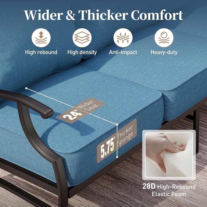 SUNSHINE VALLEY Metal Patio Sofa with 5.75" Extra Thick Cushion, 3-Seater Deep Seating & High-Back Outdoor Couch All Weather Outdoor Seating Furniture for Backyard Deck Porch, Denim Blue