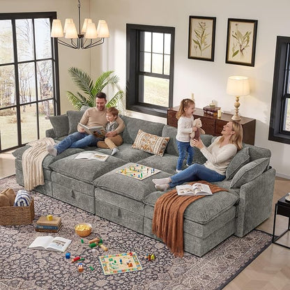 Ihanherry 135” Oversized Sectional Sofa Bed with Storage, 8-Seater Modular Cloud Couch with Movable Ottomans, Chenille Deep Seat Sleeper Couches for Living Room (Grey)