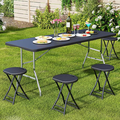 4 Pack Folding Stools with Foldable Table 6ft, Heavy Duty Dining Table and Chairs with Lock Function & Carrying Handle, Portable Indoor/Outdoor Furniture Set for Camping, Picnic, Party Black