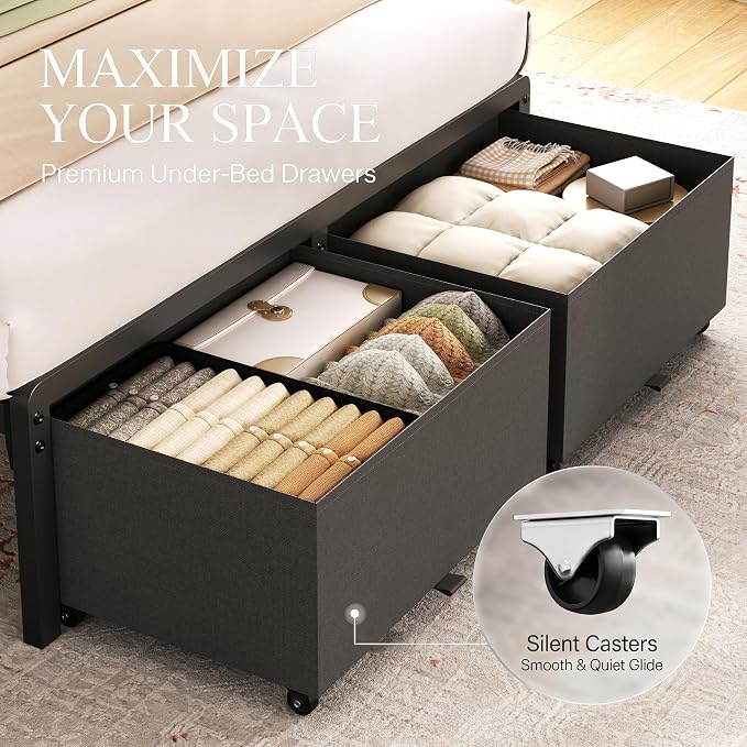 Twin Bed Frame with 2 Storage Drawers, Grey Upholstered | Headboard with Charging Station and LED Lights, Metal Platform Bed with Storage Shelf, Noise Free, No Box Spring Needed