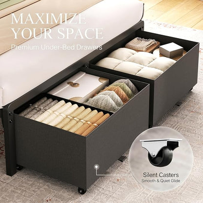 Twin Bed Frame with 2 Storage Drawers, Grey Upholstered | Headboard with Charging Station and LED Lights, Metal Platform Bed with Storage Shelf, Noise Free, No Box Spring Needed
