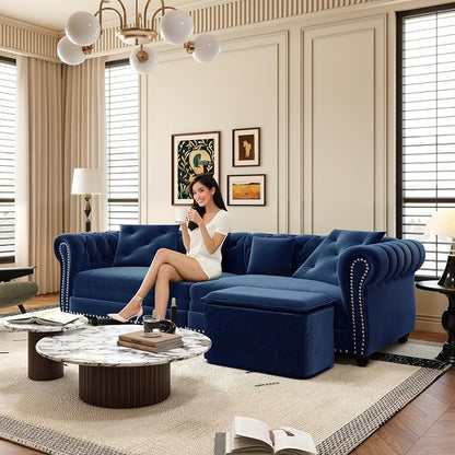 89" King Size Sleeper Sofa Bed - 3-in-1 Convertible Pull Out Sofa Bed with Ottoman, Button Tufted Chesterfield Sofa, Queen Sleeper Couch for Small Spaces Apartments, Guest Rooms, Living Room, Blue