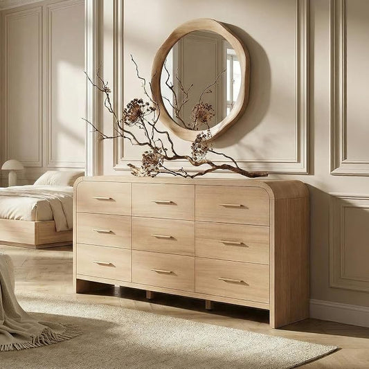 Curved 9-Drawer Dresser for Bedroom, 63" Wide Modern Chest of Drawers, Vanity Desk TV Stand for Living Room, Closet Storage Drawers Organizer Furniture, Nursery, Hallway, Grey Oak