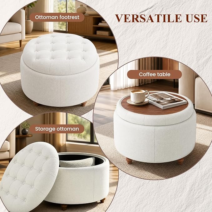 25Inch Round Ottoman with Storage, Tufted Fabric Modern Circle Ottoman with Reversible Tray Lid and Wood Legs, Multi-Functional Small Coffee Table for Living Room, Bedroom, Beige