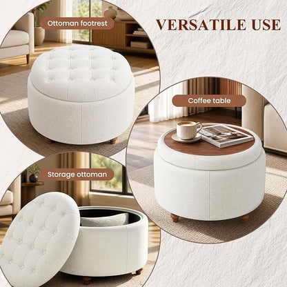 25Inch Round Ottoman with Storage, Tufted Fabric Modern Circle Ottoman with Reversible Tray Lid and Wood Legs, Multi-Functional Small Coffee Table for Living Room, Bedroom, Beige