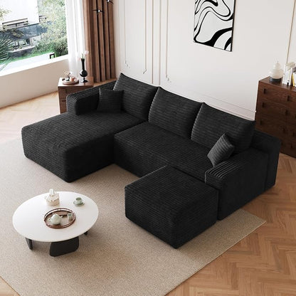 95'' Cloud Sectional Sofa Boneless Couch for Living Room, Minimalist Left Facing Compressed Couch with Chaise Lounge and Ottoman, Plush Corduroy Deep Seat Memory Foam Sofa