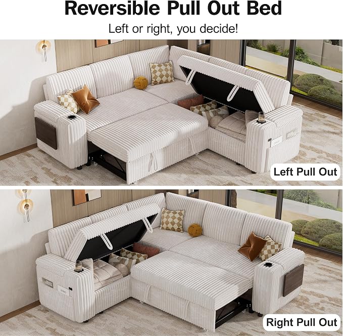 Vipbear 86" Modular Sectional Sleeper Sofa with Pull Out Bed, 5 Seat Plush Corduroy L Shaped Couch with Storage Seat|USB Ports|Cup Holders|Side Table|Storage Armrests, Tool Free Assembly, Beige