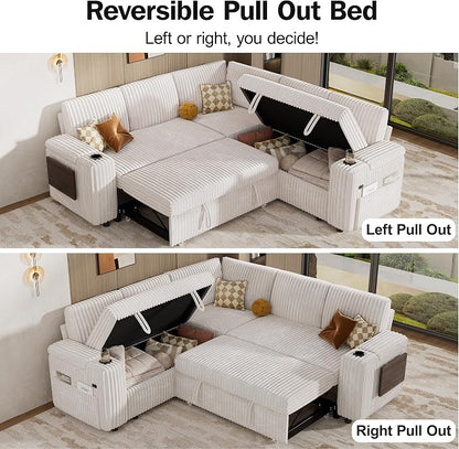 Vipbear 86" Modular Sectional Sleeper Sofa with Pull Out Bed, 5 Seat Plush Corduroy L Shaped Couch with Storage Seat|USB Ports|Cup Holders|Side Table|Storage Armrests, Tool Free Assembly, Beige