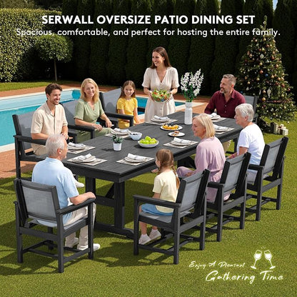 SERWALL 9 Piece 84" HDPE Outdoor Dining Set for 8 with Textilene Chairs and Umbrella Hole, Black/Gray