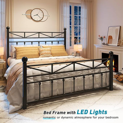 EnHomee 14.2" Queen Size Metal Platform Bed Frame, Tall Headboard and LED Lights, Victorian Vintage Style，Under Bed Storage, Heavy Duty Metal Slats & Noise Free, Black