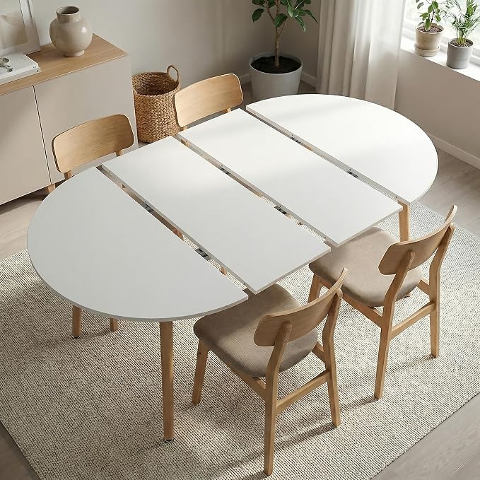 Extendable Round Dining Table for 4 6 Wooden Dining Room Table 39" to 70" Modern Kitchen Table for Dining Room Office Expandable Oval Dinner Table with MDF Top and Wood Legs White