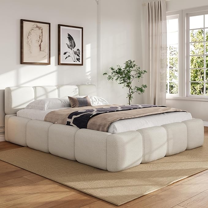 Merax Queen Size Boucle Platform Bed with Thick Headboard and Footboard, Block Style Upholstery Grounded Bed Frame, White