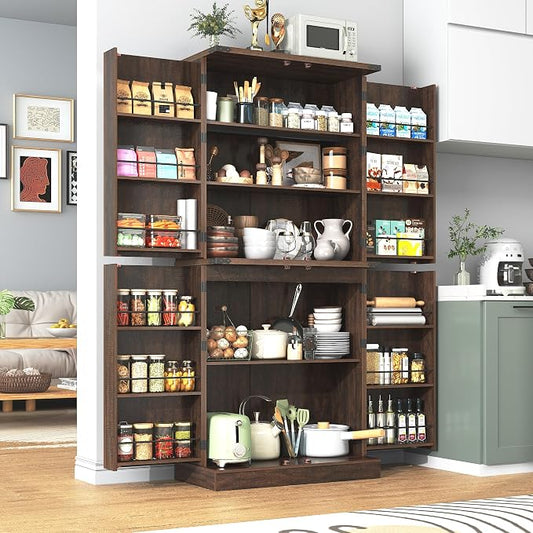71" Tall Kitchen Pantry Cabinet, Farmhouse Tall Kitchen Storage Cabinet with Adjustable Shelves & 4 Barn Style Doors, Wooden Storage Cabinet for Kitchen, Dining Room, Living Room, Bathroom, Office