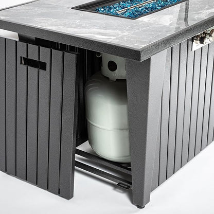 42" Propane Gas Fire Pit Table 50000 BTU Rectangular Outdoor Fire Pit with Marble Tile Tabletop Glass Wind Guard, Steel Patio Fire Table & Lid, Blue Glass Beads & Rain Cover for Backyard Garden, Gray