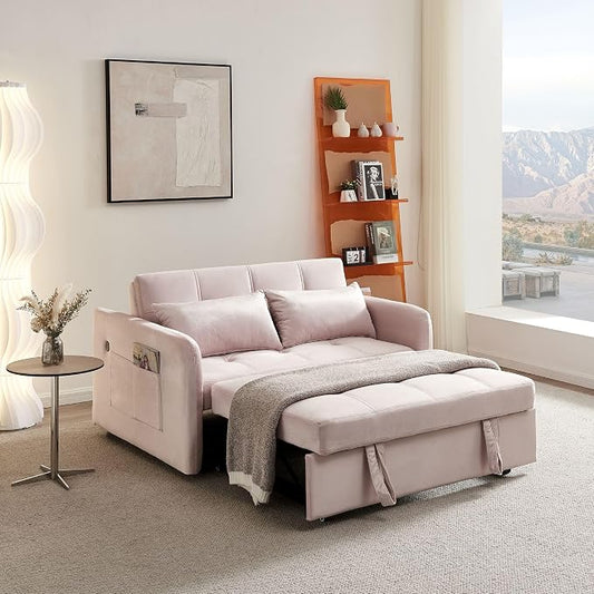 55.5" Velvet Convertible Sofa Bed, Pull Out Sleeper Sofa Bed, Loveseat Couch with USB Charging Ports, 3 in 1 Convertible Sleeper Sofa Bed for Living Room, Apartment, Bedroom, RV, Pink
